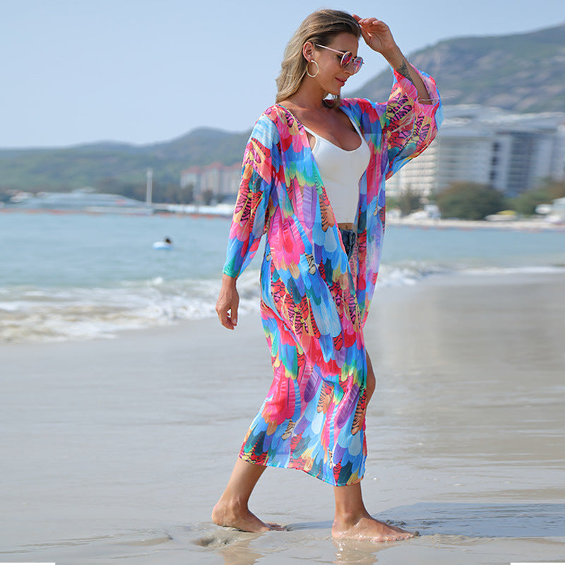 Chiffon Colorful Feather Print Beach Sun Shirt Sexy Cardigan Loose Bikini Blouse