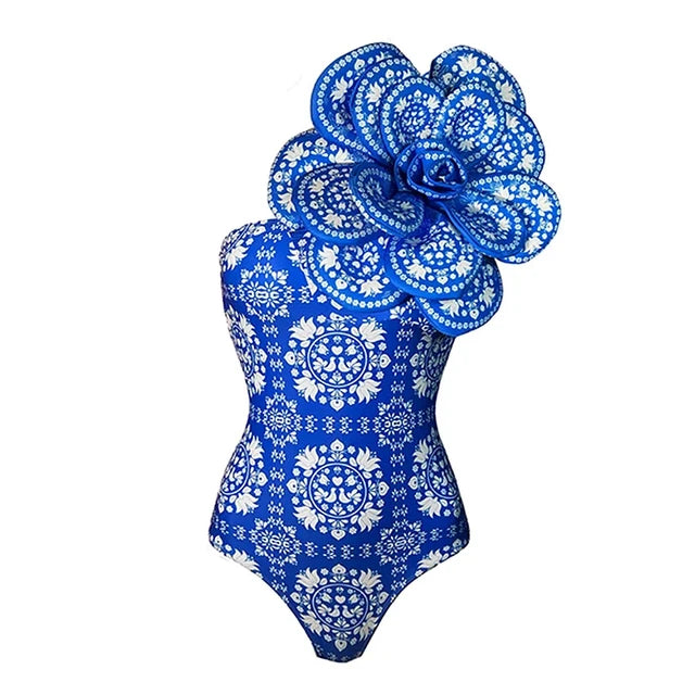 Vintage  Printed One Piece Swimsuit and Skirt  Handmade 3D Flower Vacation Bikini Women Beachwear  Luxury Bathing suit