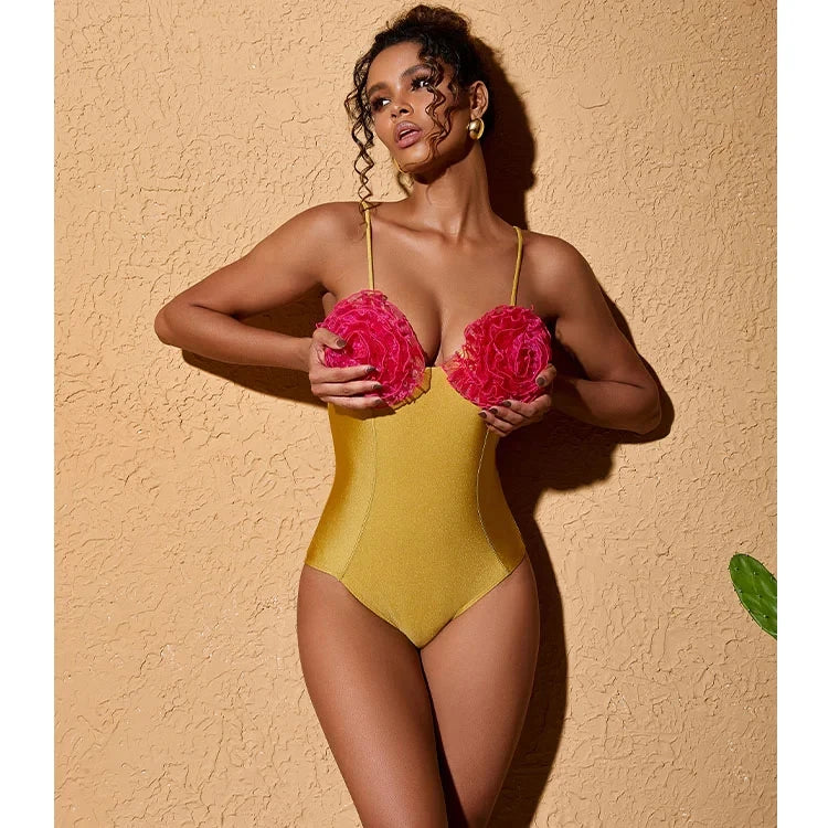 Women Swimwear Color Block 3D Flower One Piece Swimsuit and Skirt  Bikini Sets Beachwear Bathing Suit