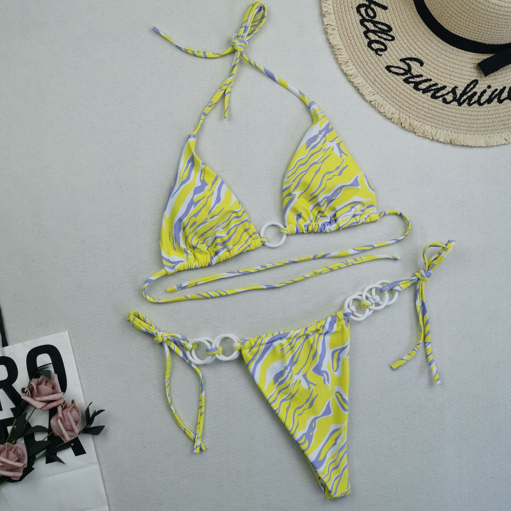 New Swimsuit Female Split Bikini Sexy Double Fabric Lace Up Chest Pad Without Steel Support Swimwear