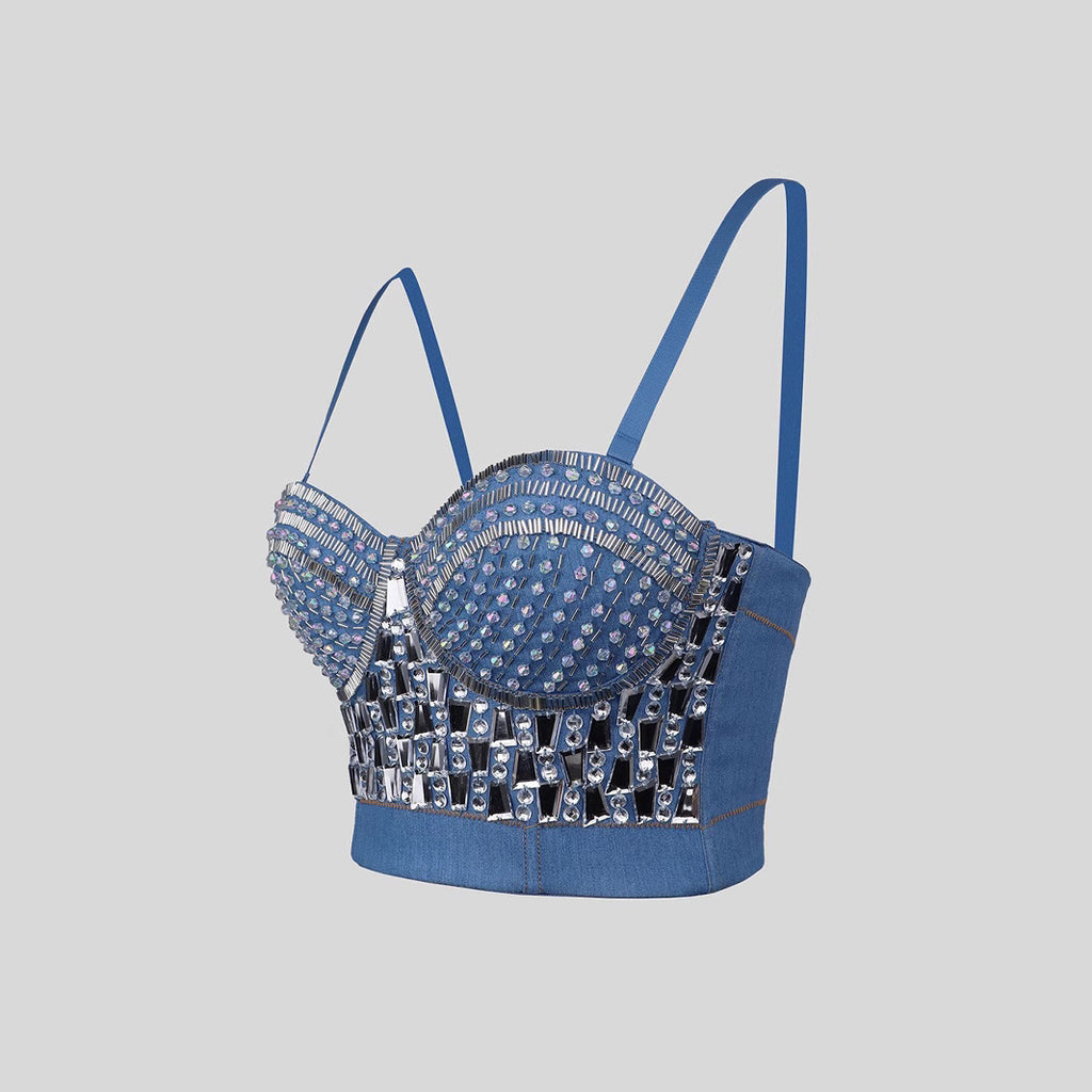 Shaping Strapless Camisole with Beading and Rhinestone Elastic Denim Bustier
