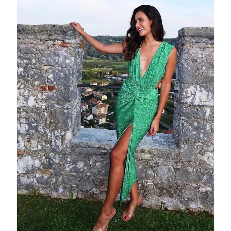 swimsuit trend sexy deep v-neck One piece  Shiny  Women Swimwear Beachwear bathing suit Monokini two piece dress bikini set