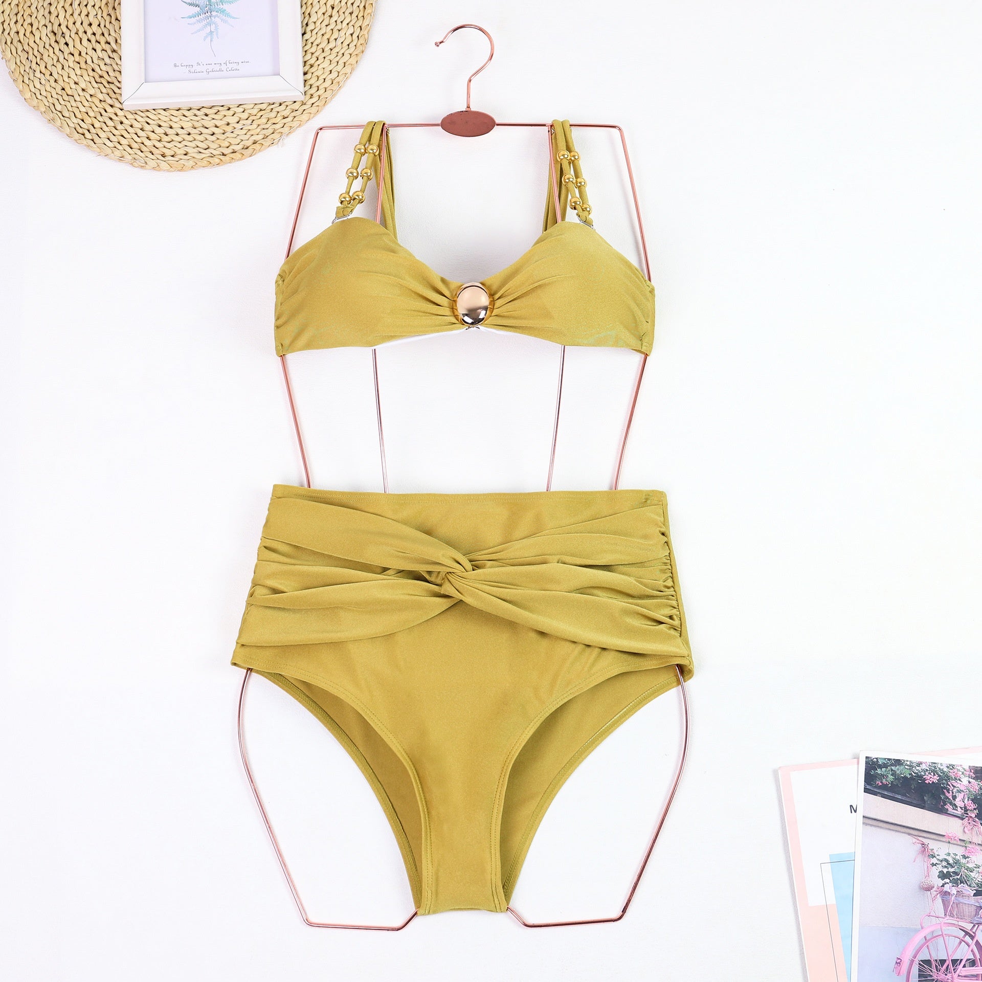 Yellow Plus Size Bikini Women's Swimsuit Slit Wrap Skirt Three-Piece Set