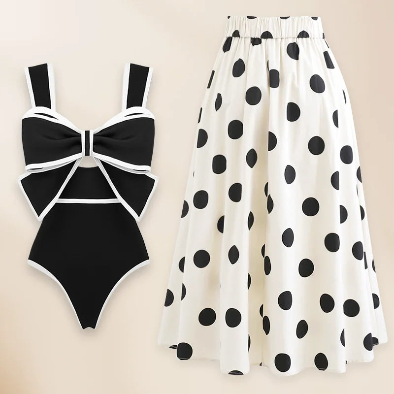 Vintage Swimsuit and Skirt 3D Bow-tie One Piece  Swimwear Women Bikini set  Bathing Suit Two-pieces beach dress Monokini