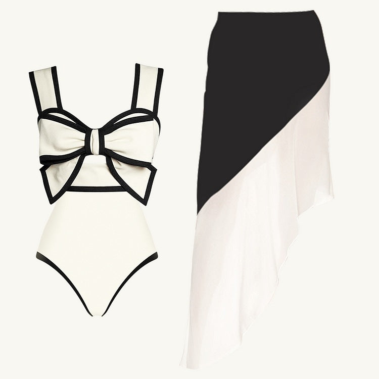 Vintage Swimsuit and Skirt 3D Bow-tie One Piece  Swimwear Women Bikini set  Bathing Suit Two-pieces beach dress Monokini