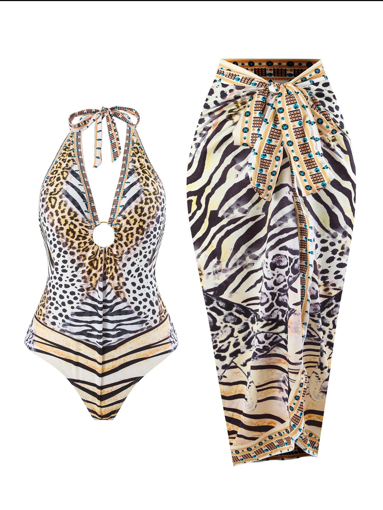 Bikini leopard print lace-up halterneck belly-covering back gauze skirt sun protection swimsuit for women in stock