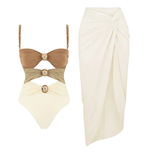 New Women‘s Swimsuit Buttons One Piece Sarong Swimwear Vacation dress Bikini Set Beachwear Bathing Suit two pieces Monokini
