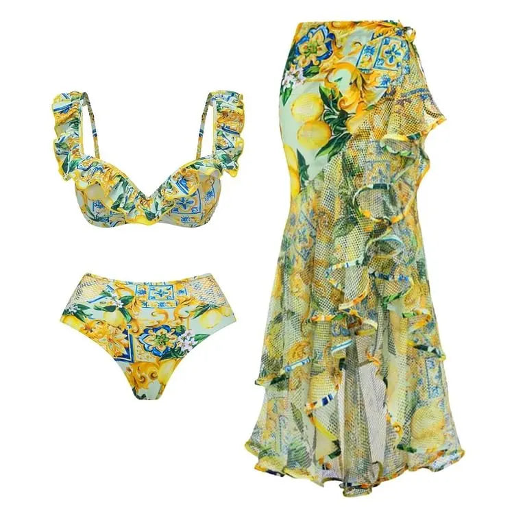 Women FashionBlue Mediterranean Print Bikini Swimsuit and Mesh Splicing Sarong Summer Swimwear  Beachwear Bathing Suit