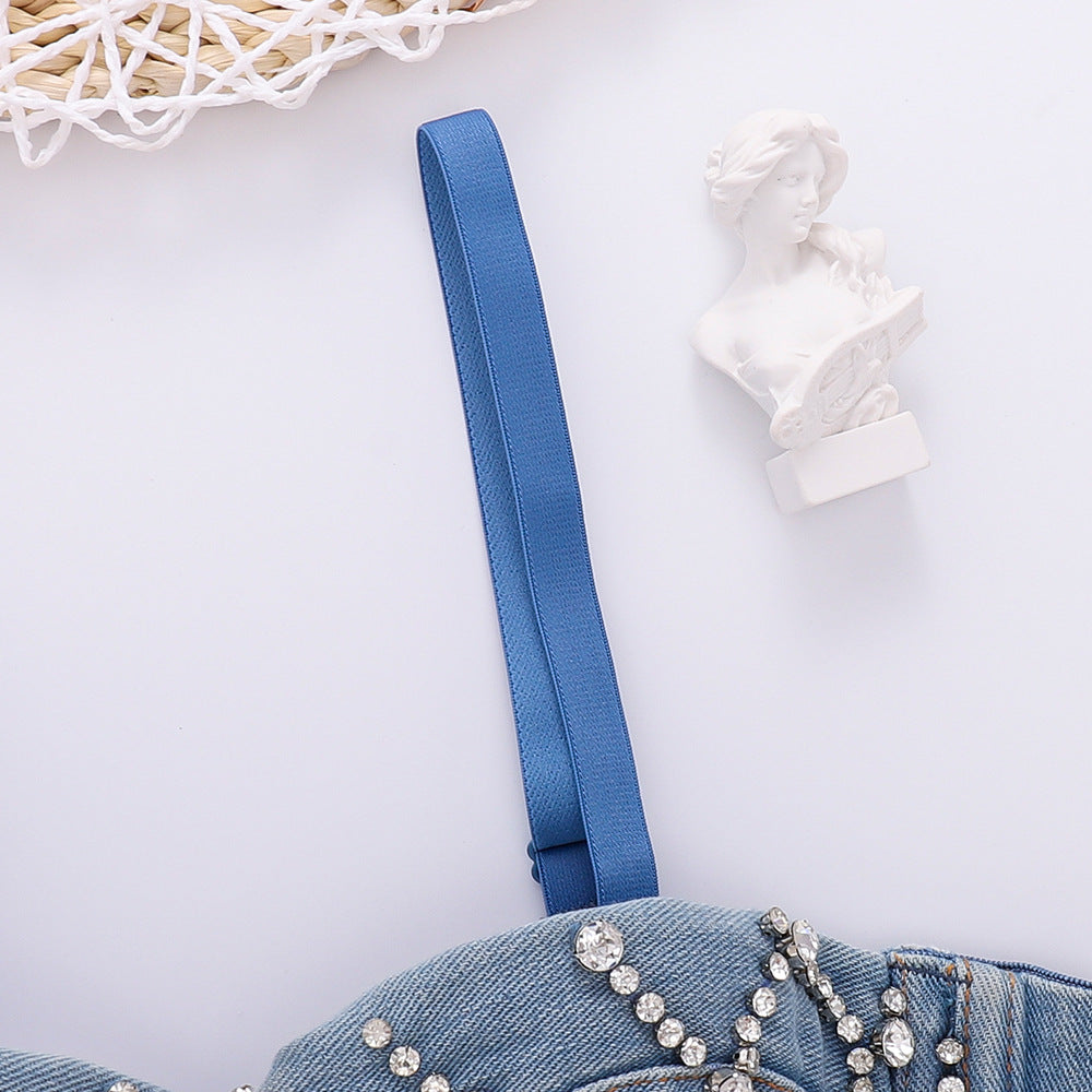 Denim Tube Top with Built-in Pads and Shaping, Open Back Beaded Strapless Camisole for Women