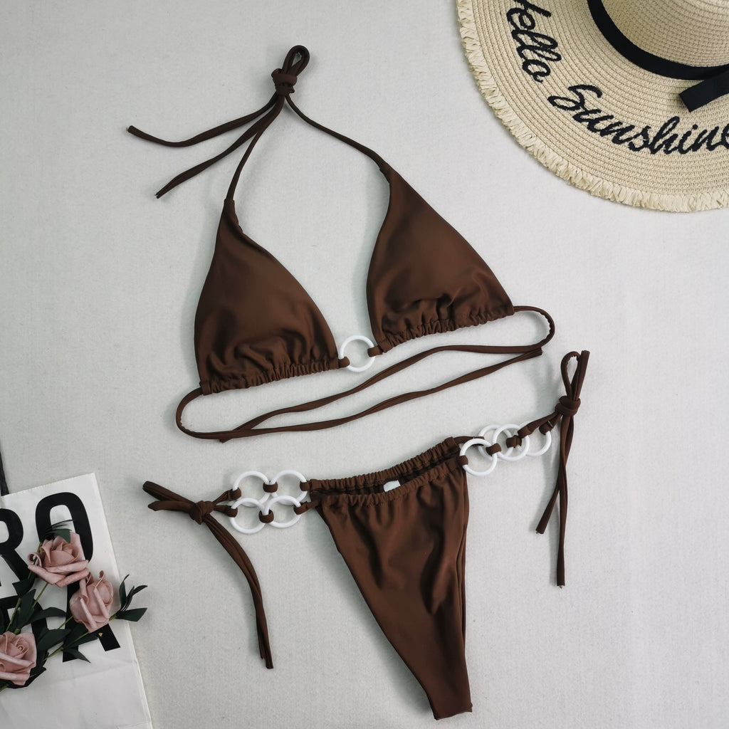 New Swimsuit Female Split Bikini Sexy Double Fabric Lace-Up Swimsuit Solid Color Swimsuit Suitable For Women