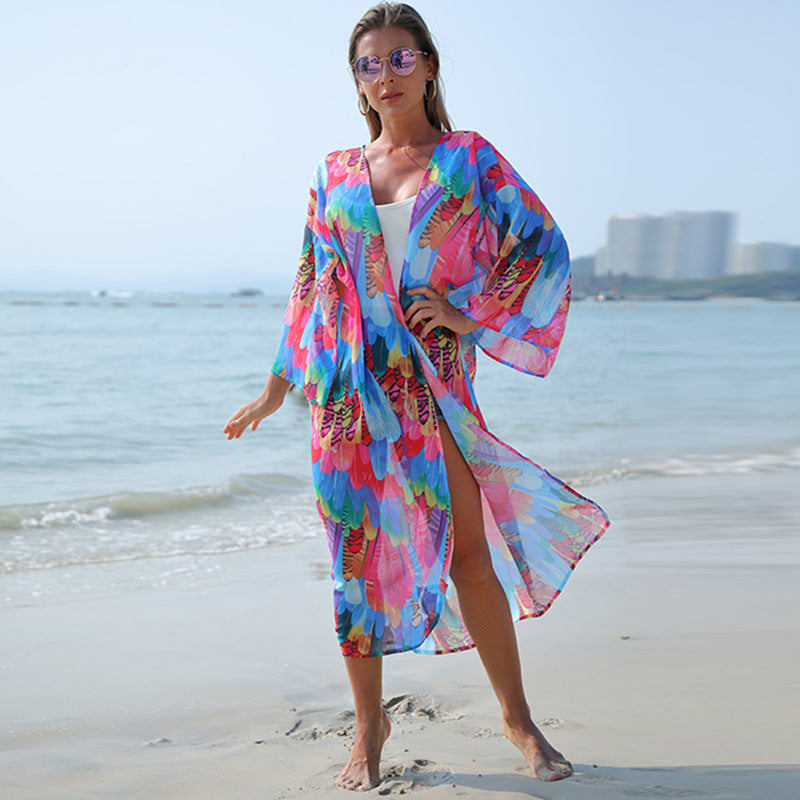 Chiffon Colorful Feather Print Beach Sun Shirt Sexy Cardigan Loose Bikini Blouse