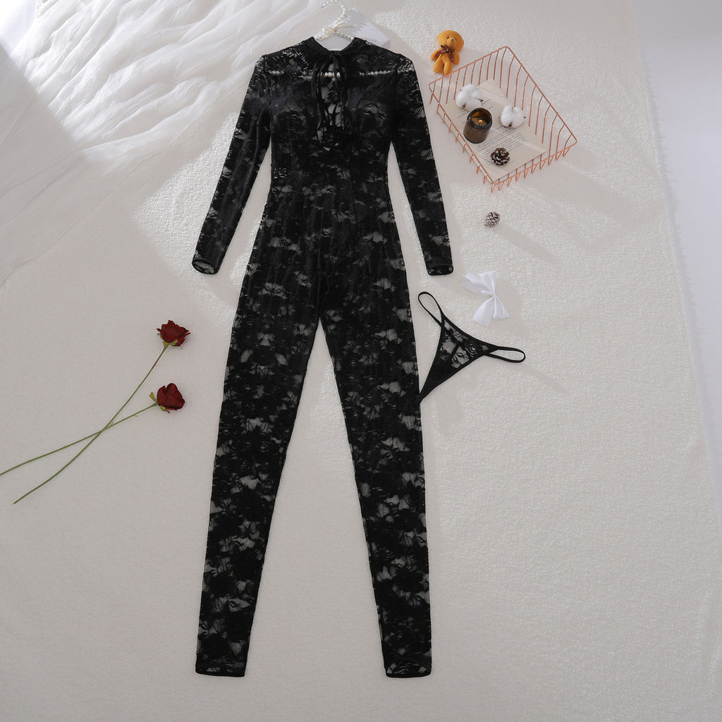 High neck lace jacquard see through mesh socks knight jumpsuit uniform shaping sexy lingerie set