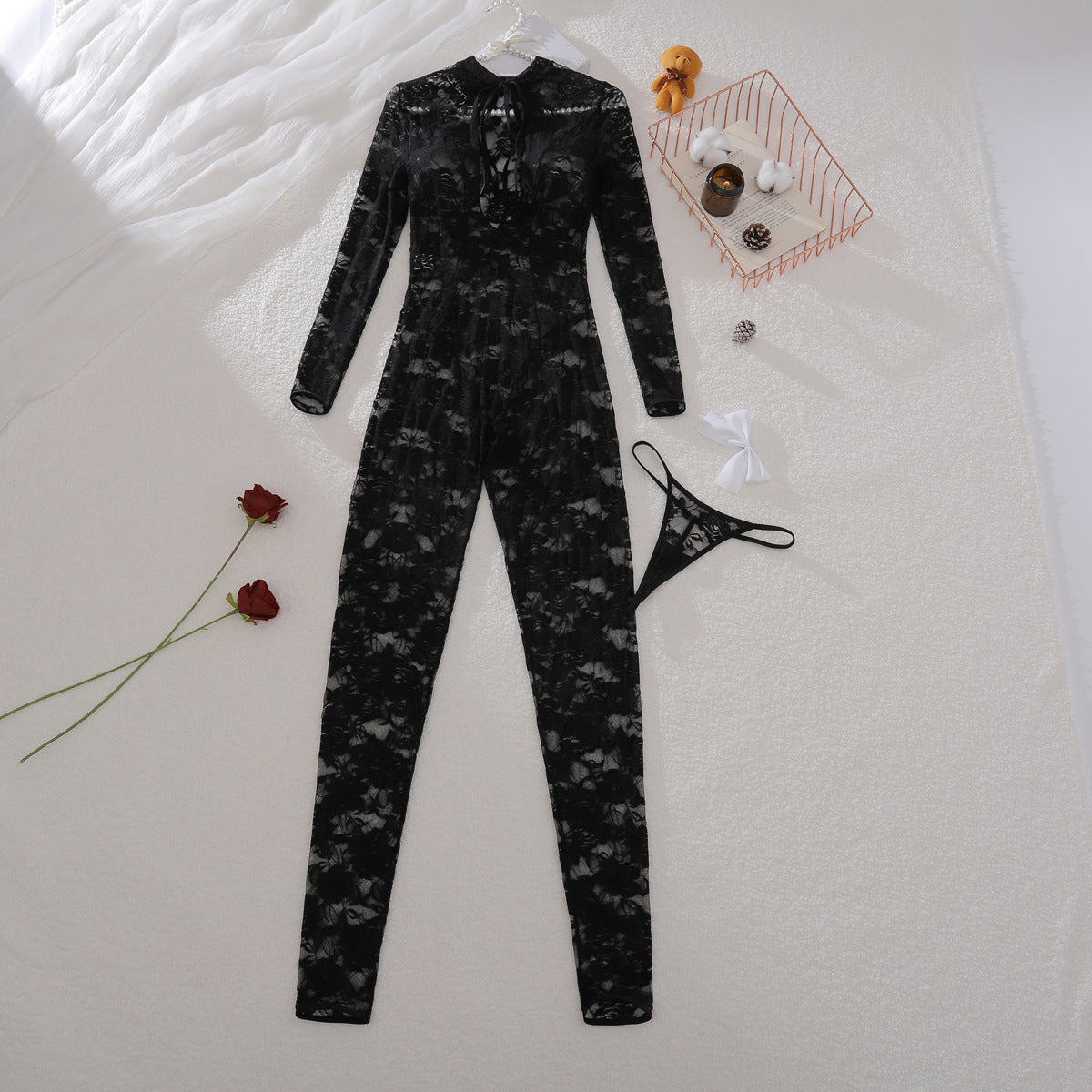 High neck lace jacquard see through mesh socks knight jumpsuit uniform shaping sexy lingerie set