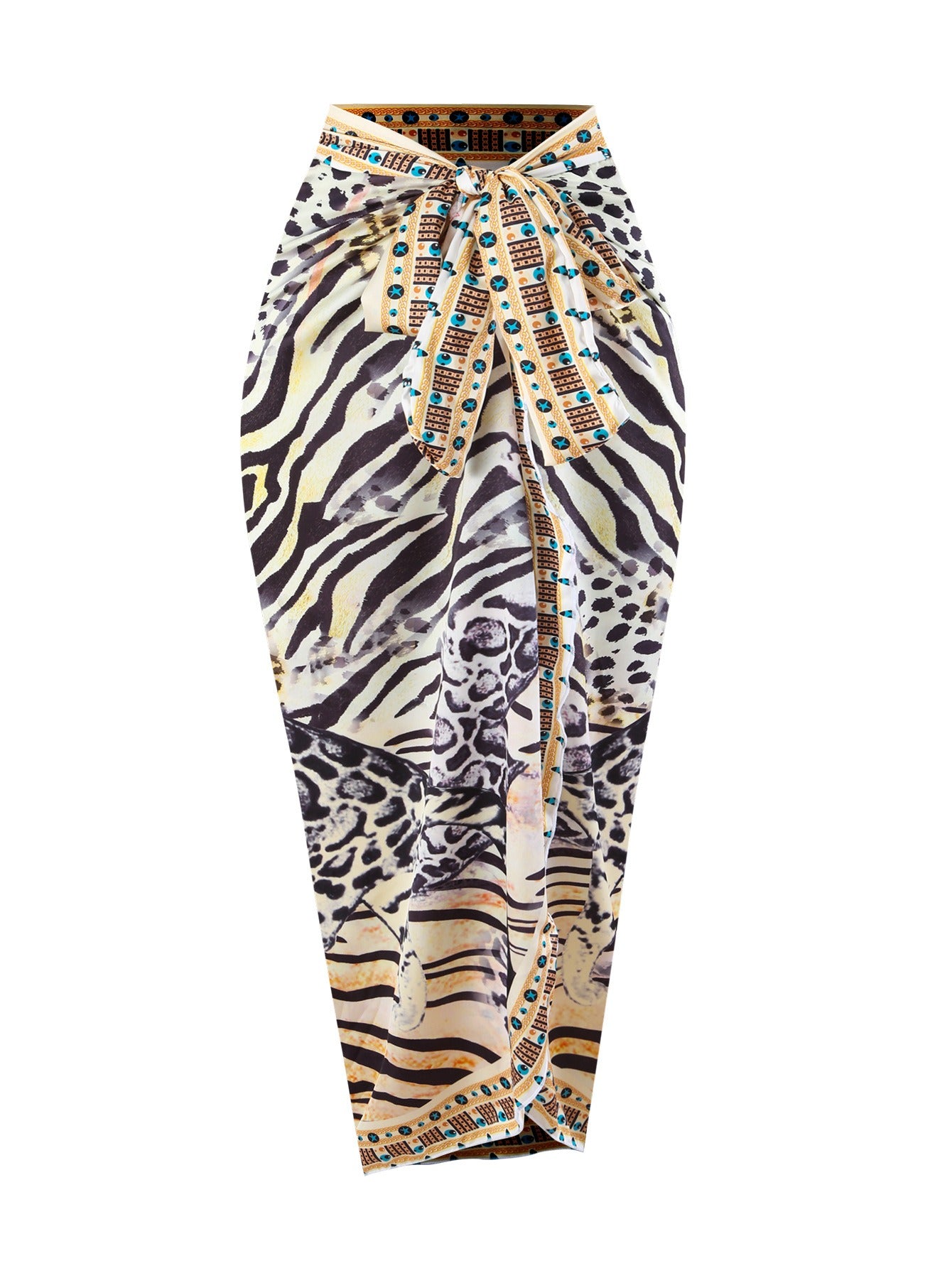 Bikini leopard print lace-up halterneck belly-covering back gauze skirt sun protection swimsuit for women in stock