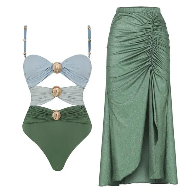 New Women‘s Swimsuit Buttons One Piece Sarong Swimwear Vacation dress Bikini Set Beachwear Bathing Suit two pieces Monokini