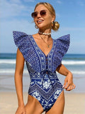 Blue printed European and American high-waisted sexy bikini two-piece set