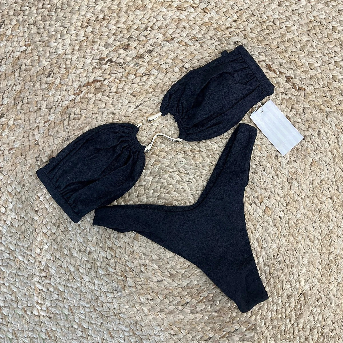 White small chest gathered bikini strapless pleated high cut triangular women's swimsuit two-piece set