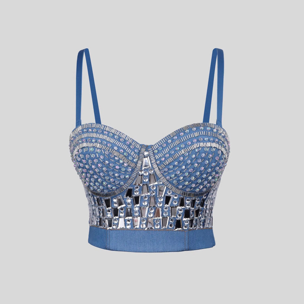 Shaping Strapless Camisole with Beading and Rhinestone Elastic Denim Bustier
