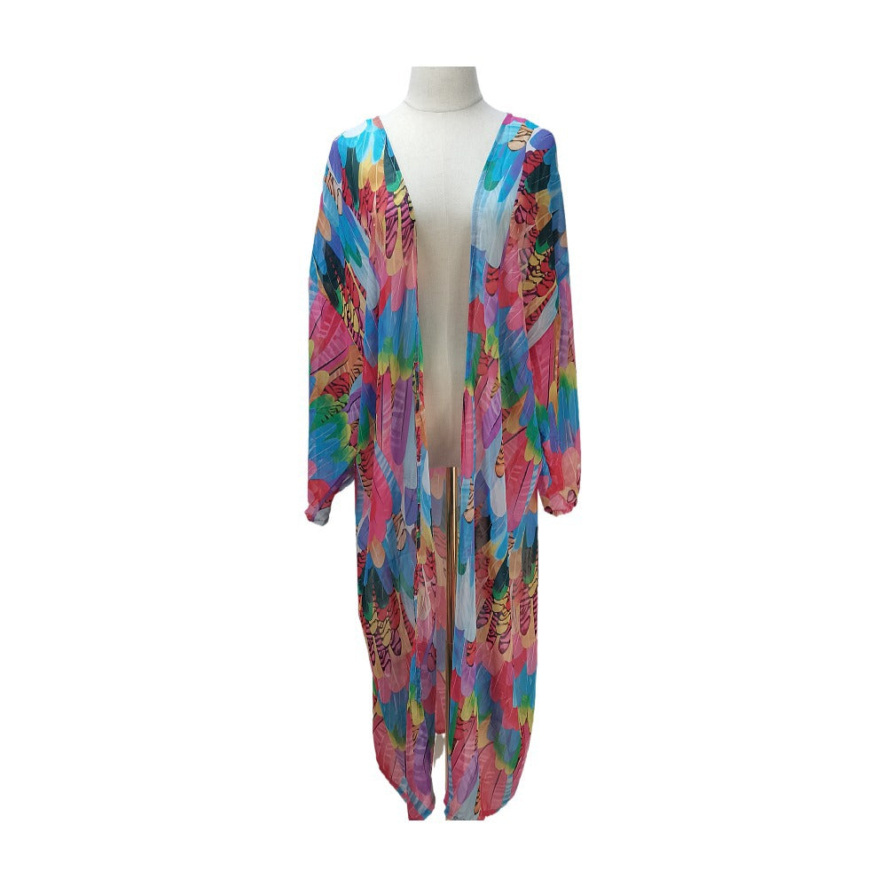 Chiffon Colorful Feather Print Beach Sun Shirt Sexy Cardigan Loose Bikini Blouse