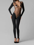 Sheer Jumpsuit Long PantsYoga Low Neck Shaping High Waist Summer Long Sleeve Set Sexy