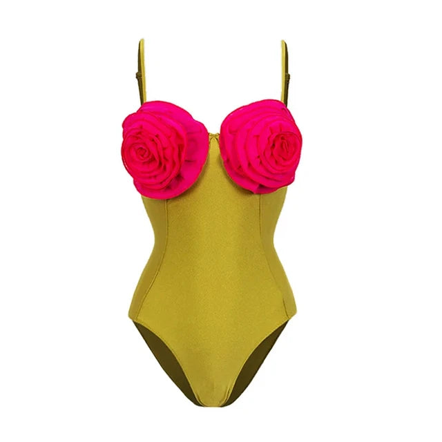 Women Swimwear Color Block 3D Flower One Piece Swimsuit and Skirt  Bikini Sets Beachwear Bathing Suit