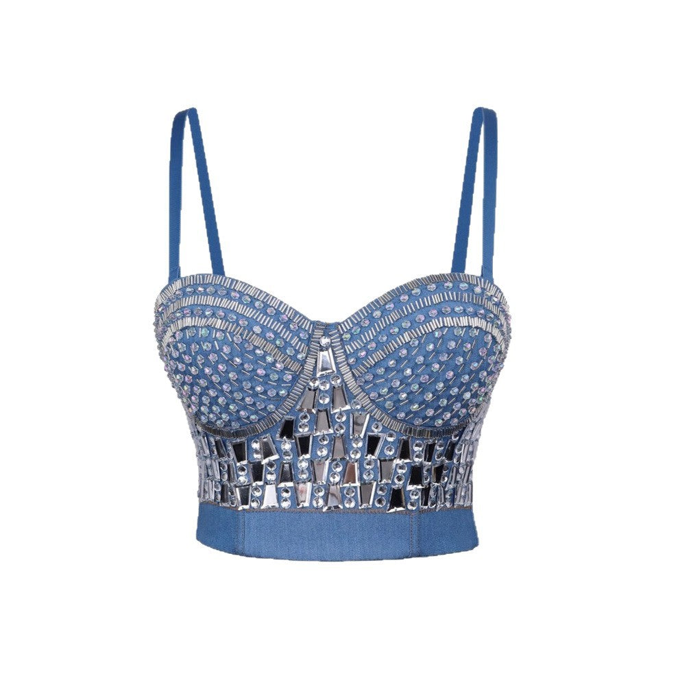 Shaping Strapless Camisole with Beading and Rhinestone Elastic Denim Bustier