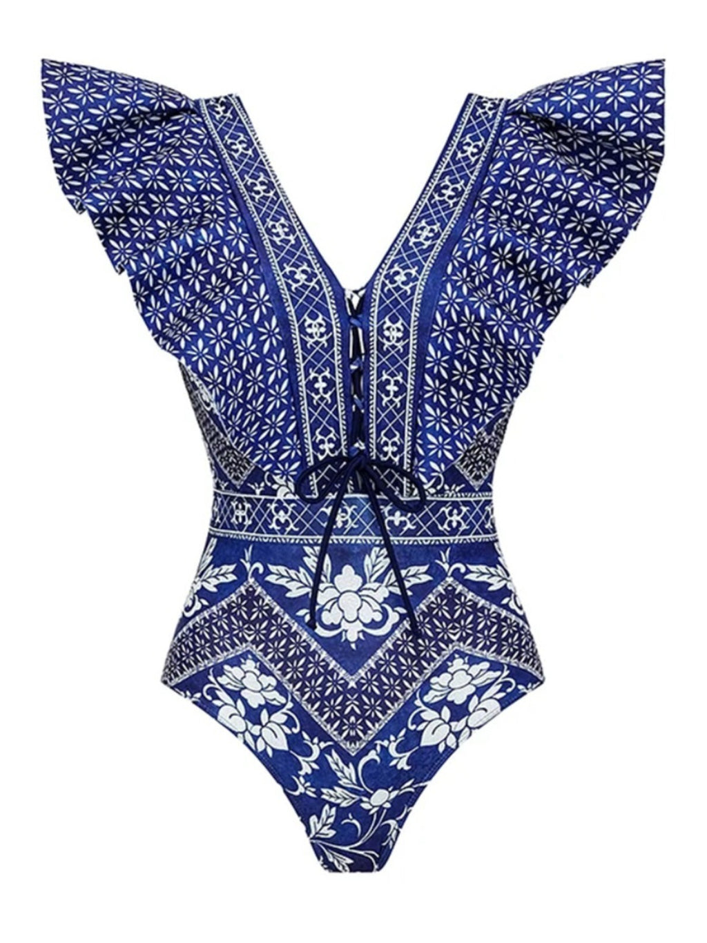 Blue printed European and American high-waisted sexy bikini two-piece set