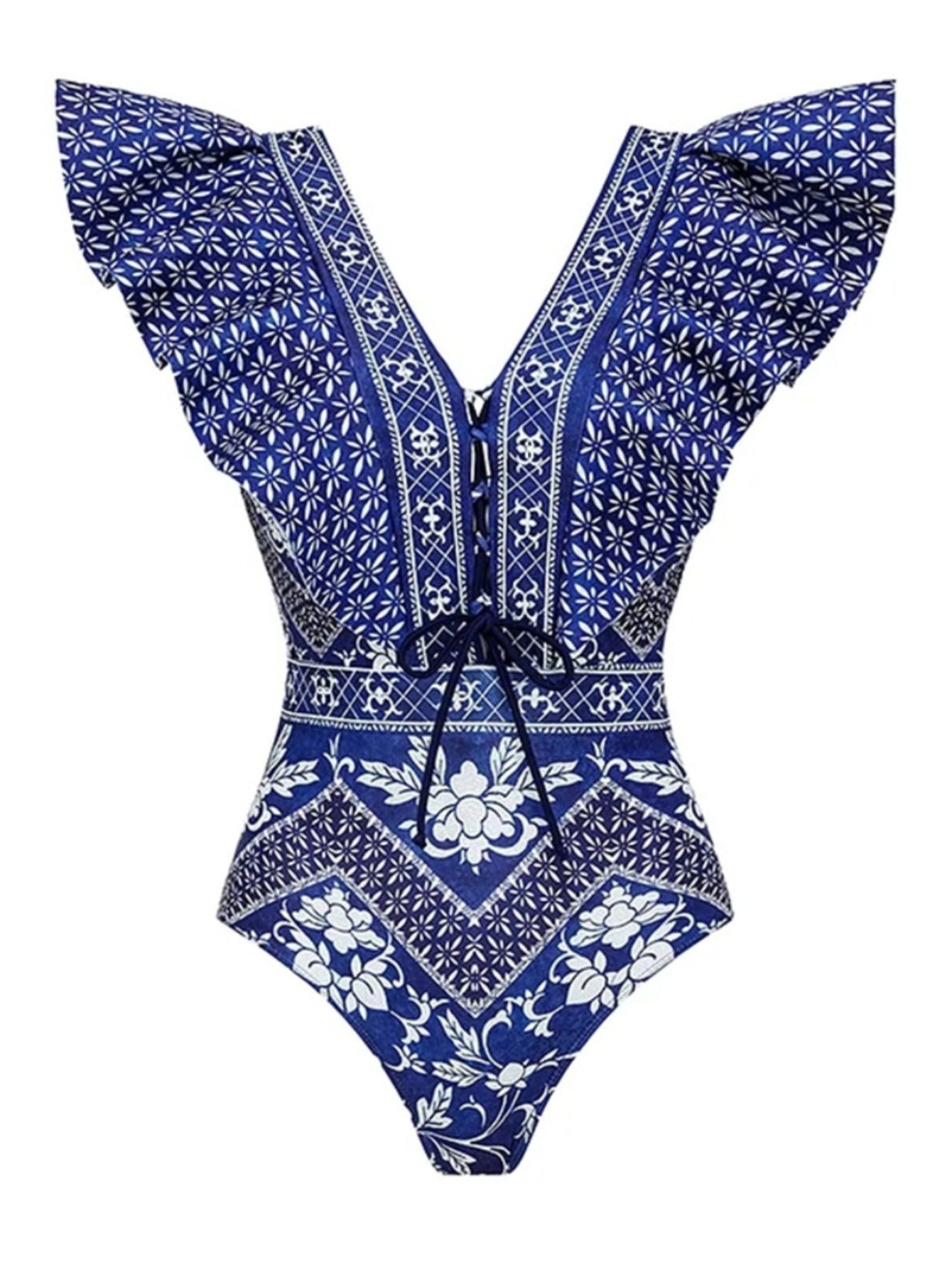 Blue printed European and American high-waisted sexy bikini two-piece set