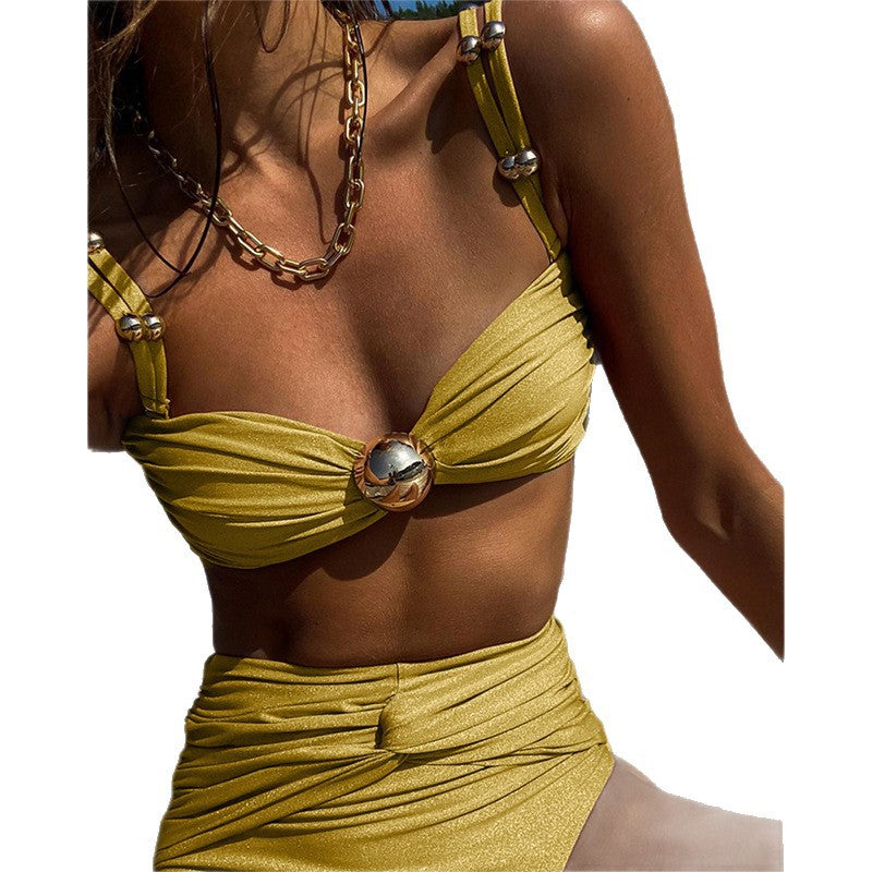 Yellow Plus Size Bikini Women's Swimsuit Slit Wrap Skirt Three-Piece Set