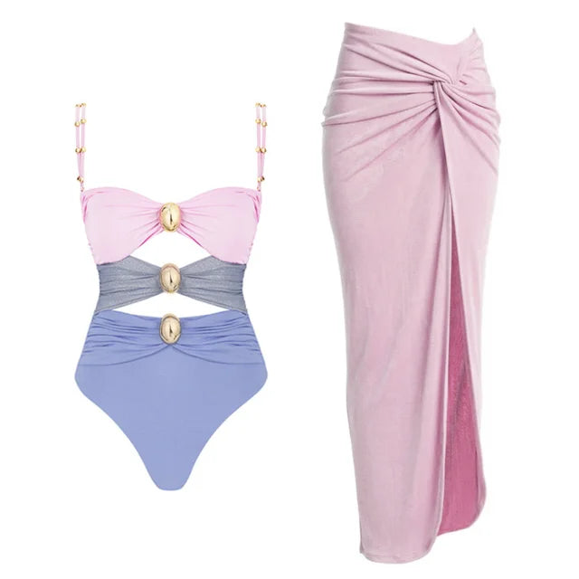 New Women‘s Swimsuit Buttons One Piece Sarong Swimwear Vacation dress Bikini Set Beachwear Bathing Suit two pieces Monokini