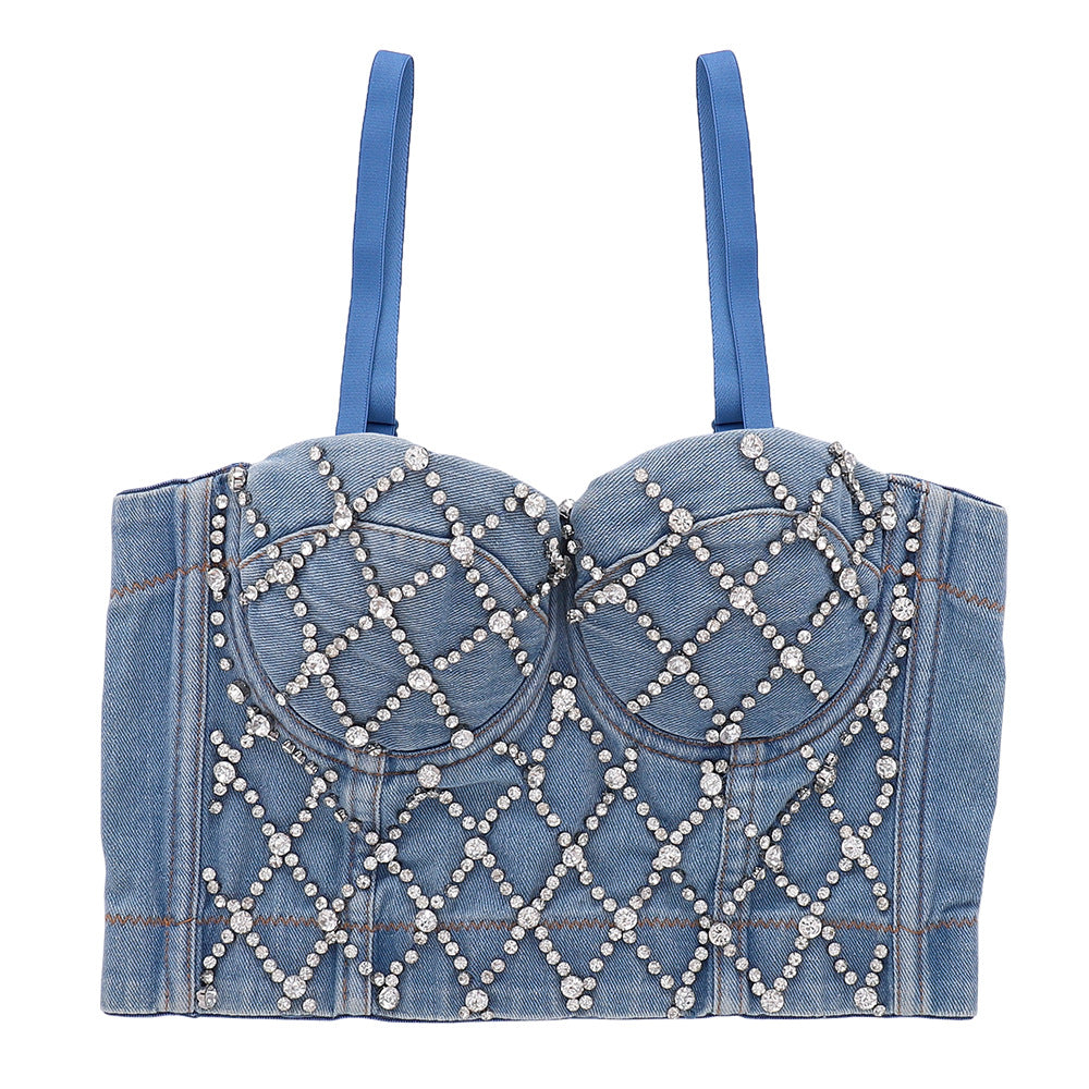 Denim Tube Top with Built-in Pads and Shaping, Open Back Beaded Strapless Camisole for Women
