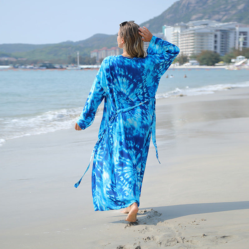 Imitation Cotton Tie Dye Blue Lace Up Beach Sun Shirt Sexy Cardigan Vacation Bikini Cover Up
