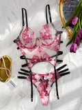 Sexy Deep V Body Shaping Perspective Flower Embroidered Underwear Sock Belt Two Piece Set