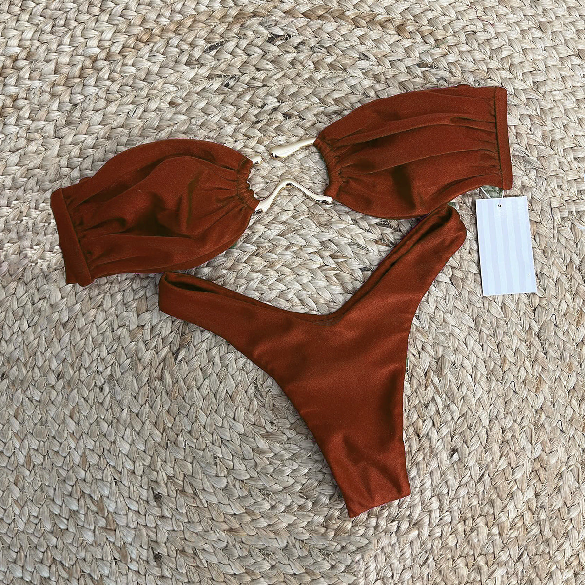 White small chest gathered bikini strapless pleated high cut triangular women's swimsuit two-piece set