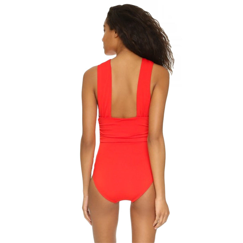 Sexy Deep V-Cross Tied One-Piece Swimsuit Solid Color Bikini