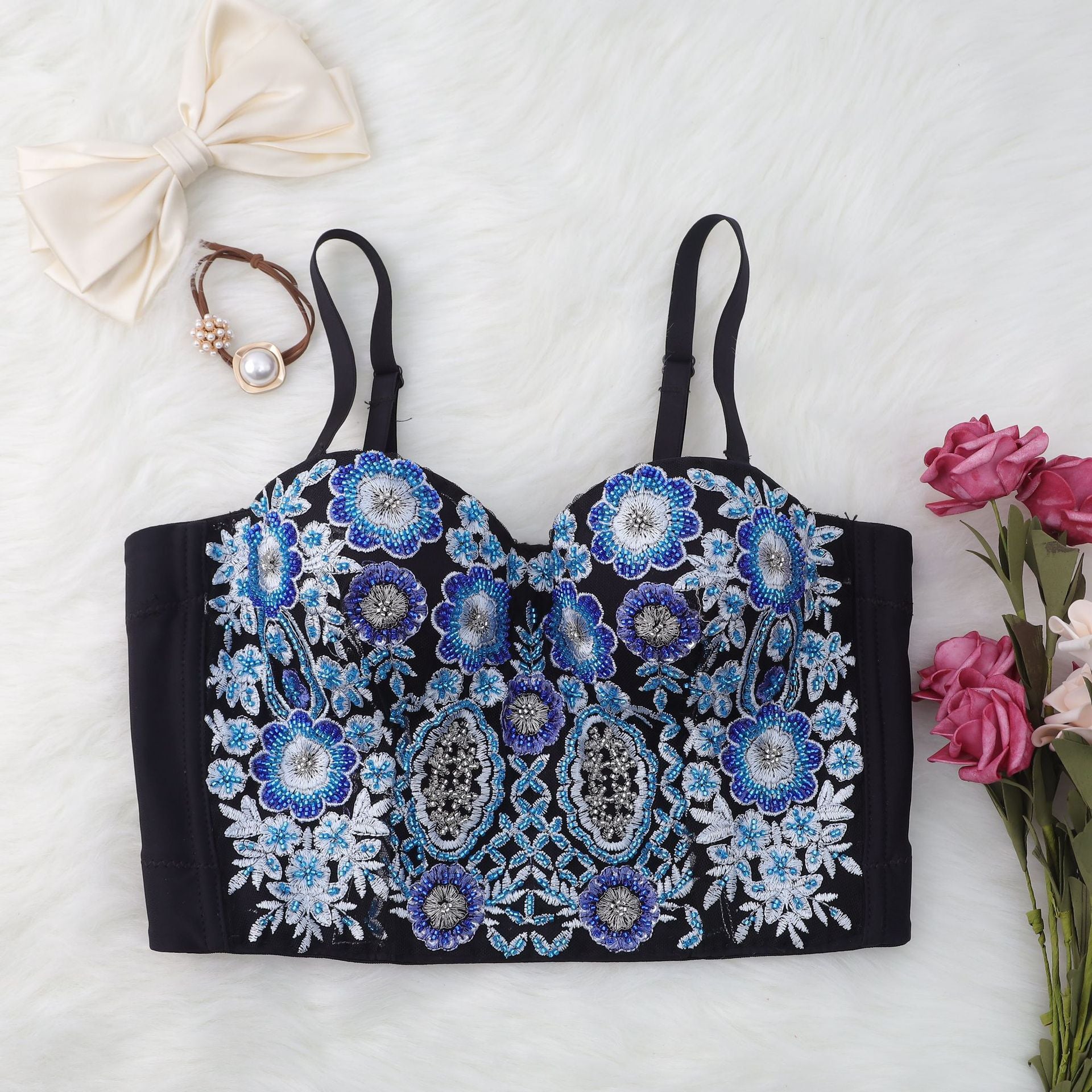 Lace-Up Shaping with Beading and Boning for Women's Bralette with Built-in Pads