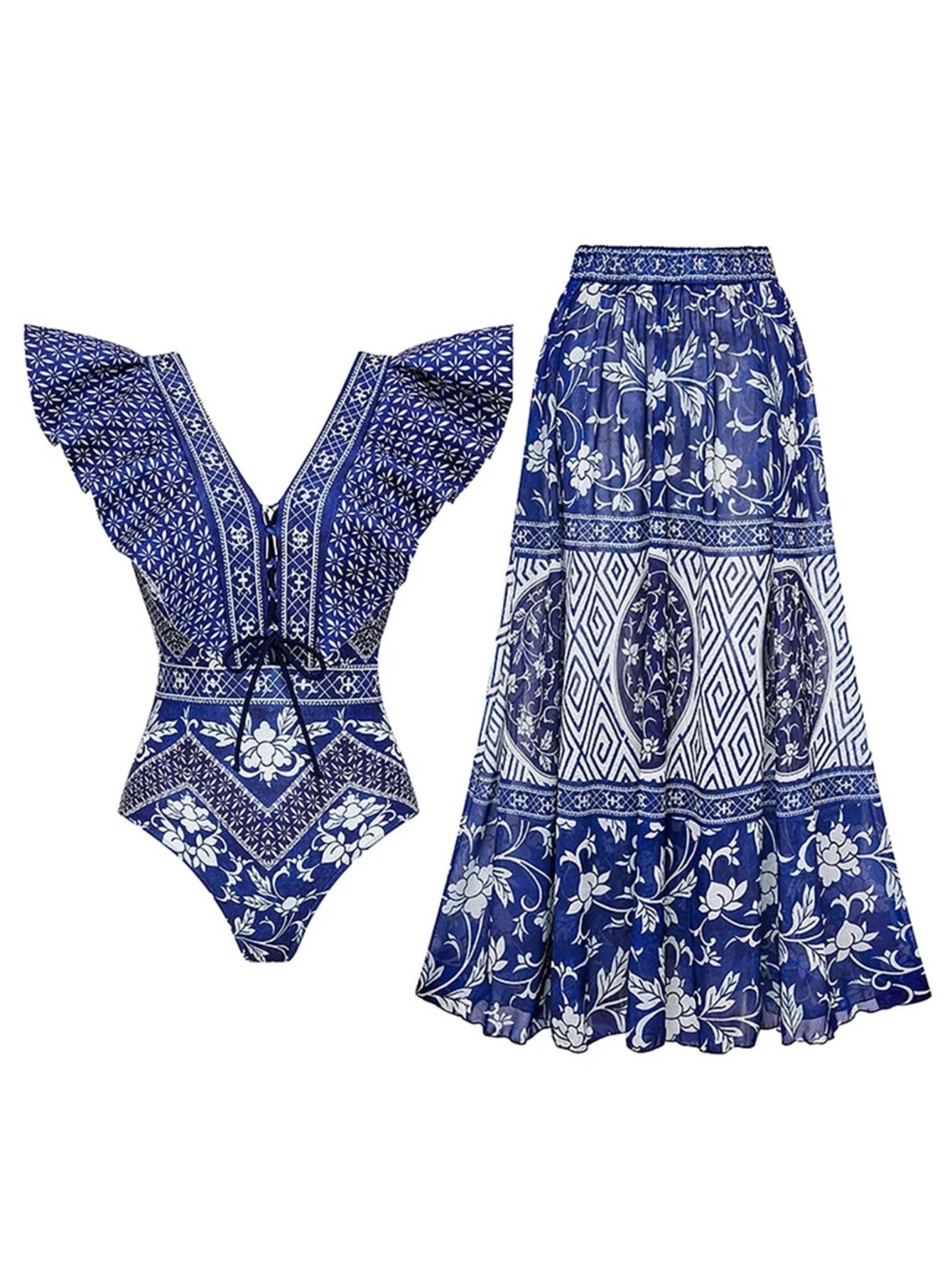 Blue printed European and American high-waisted sexy bikini two-piece set