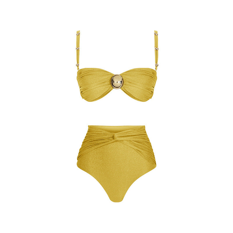 Yellow Plus Size Bikini Women's Swimsuit Slit Wrap Skirt Three-Piece Set