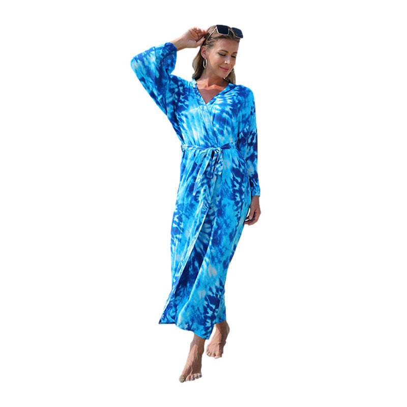 Imitation Cotton Tie Dye Blue Lace Up Beach Sun Shirt Sexy Cardigan Vacation Bikini Cover Up