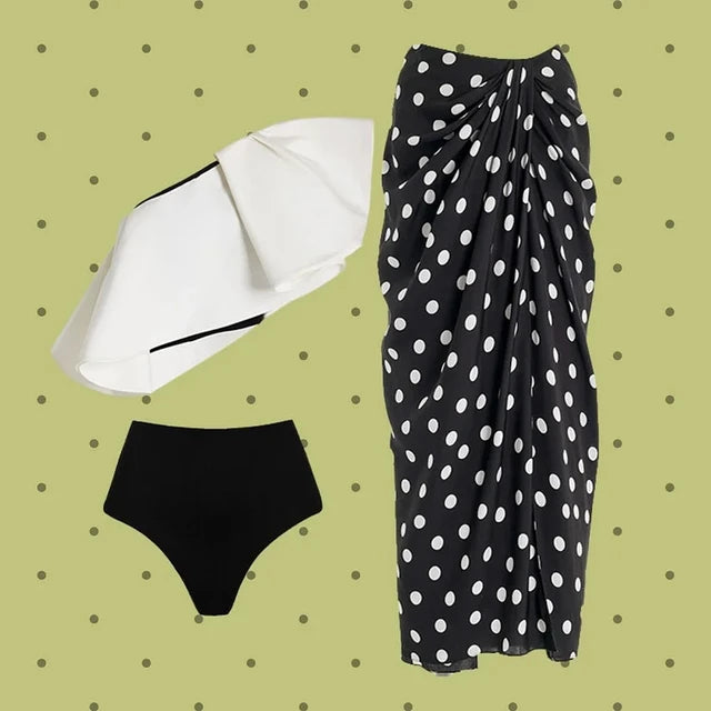 New One Shoulder Ruffle Dot Printed Cut Out Bikini Swimsuit and Skirt Summer Swimwear Women Beachwear Luxury Bathing Sui