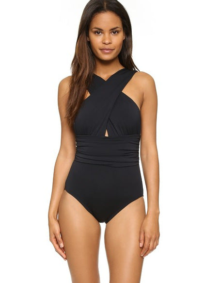 Sexy Deep V-Cross Tied One-Piece Swimsuit Solid Color Bikini