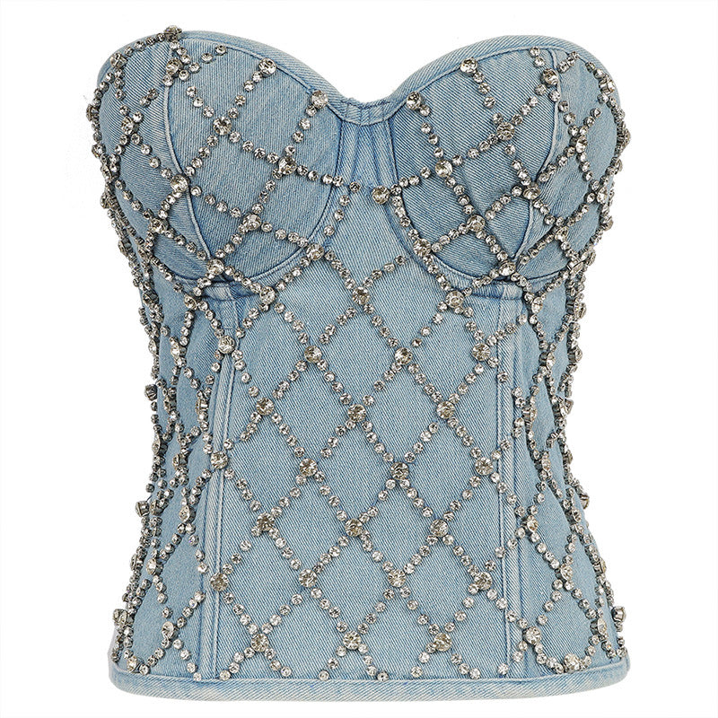 Sexy Denim Strapless Crop Top Belted Shaping Fitted Performance