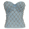 Sexy Denim Strapless Crop Top Belted Shaping Fitted Performance