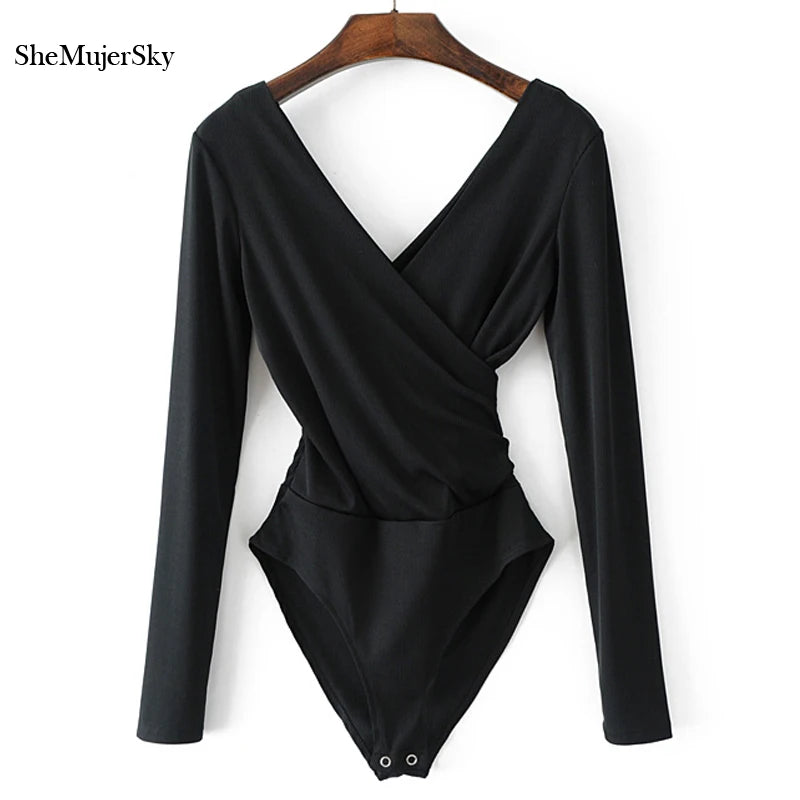SheMujerSky Long Sleeve Bodysuit Women Backless Jumpsuits Black White Body femme monos cortos de mujer