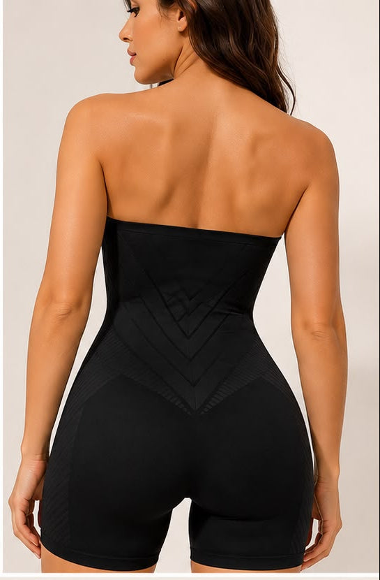 Black shapewear product with Fitoshape branding and feature details.