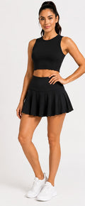 Woman wearing black athletic outfit with skirt and crop top, product details on the right.
