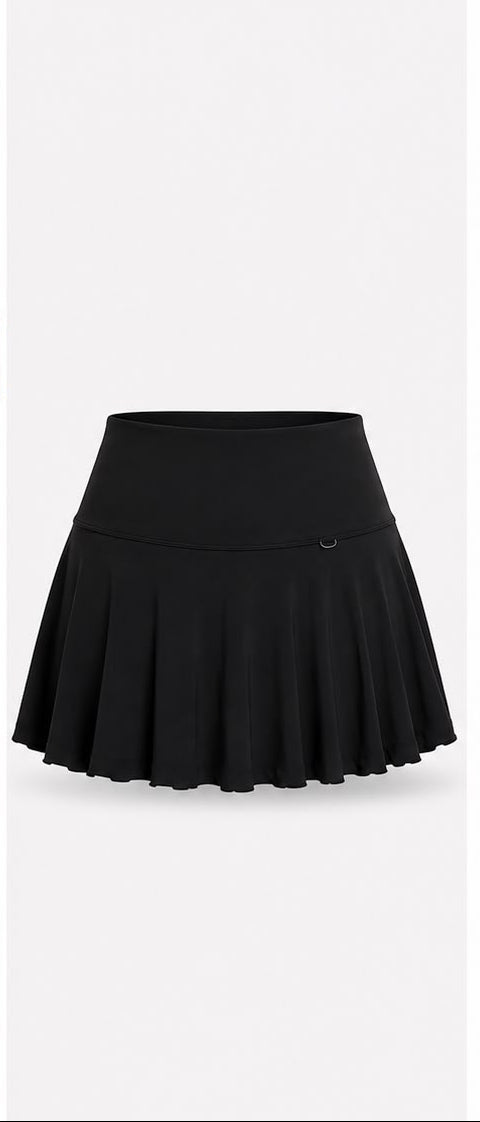 Woman wearing black athletic outfit with skirt and crop top, product details on the right.
