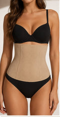 Woman wearing a beige waist shaper with back view and product details.