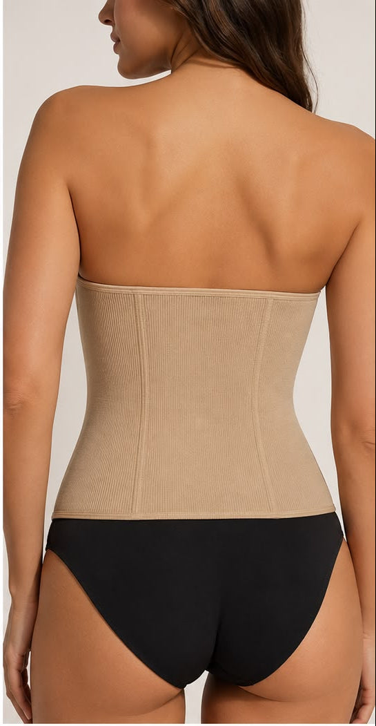 Woman wearing a beige waist shaper with back view and product details.